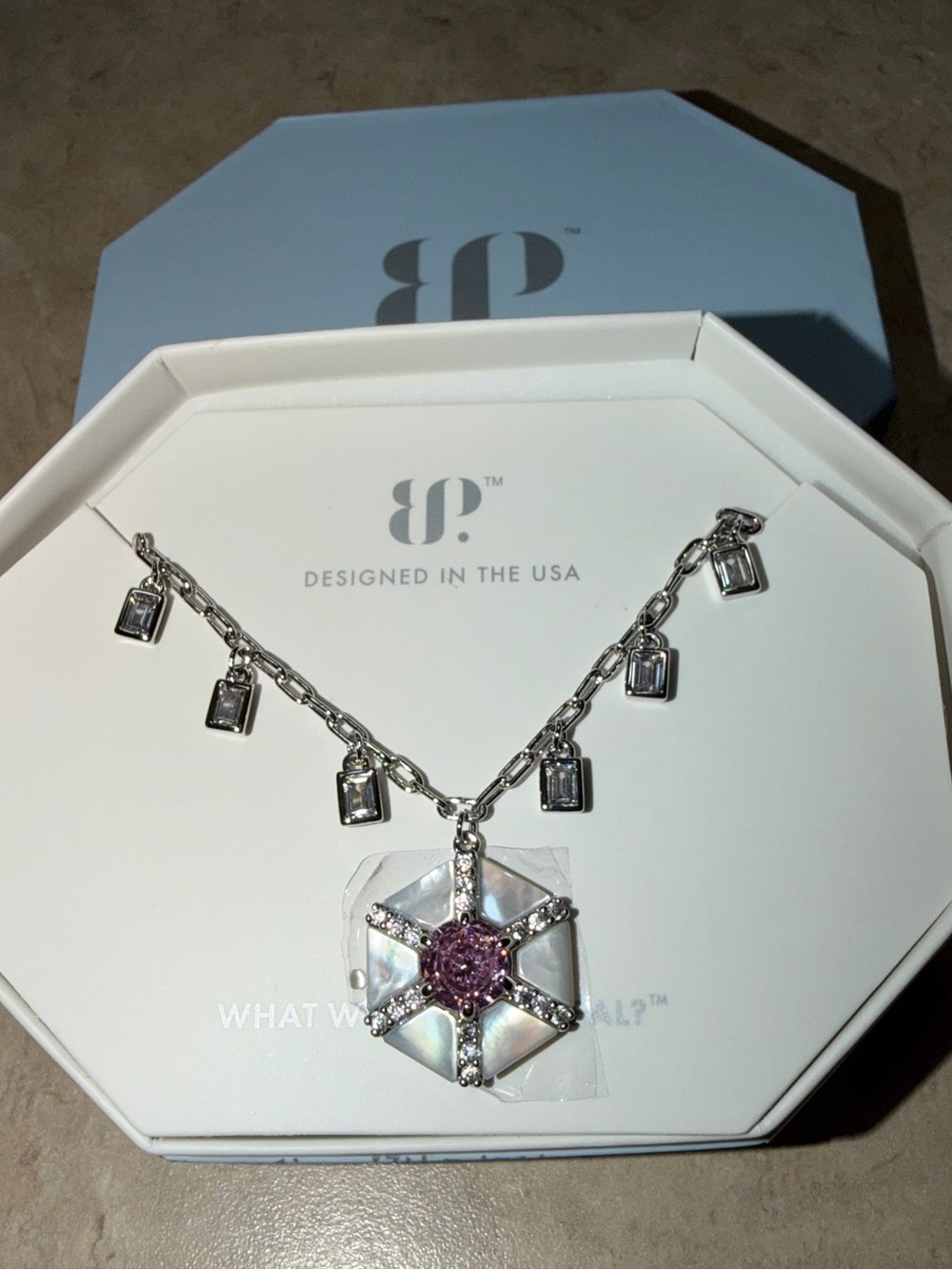 BP New OG Necklace-Real Babes Only Mother of Pearl & Pink Quartz on Rhodium